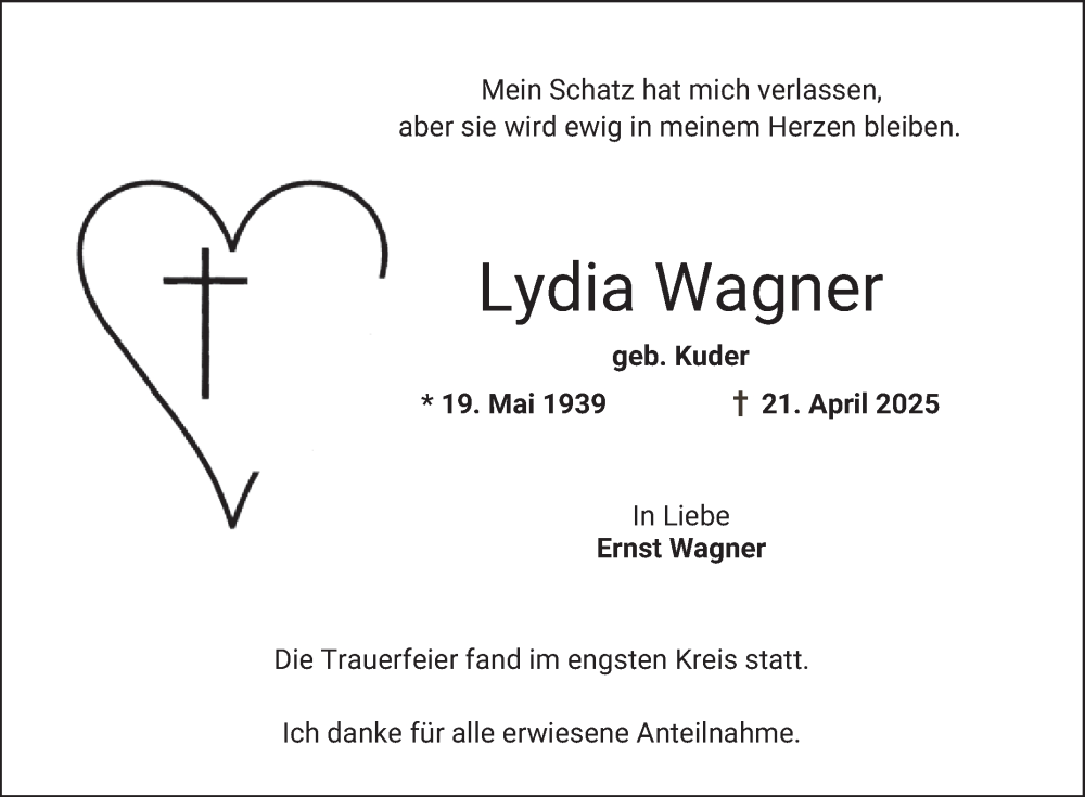  Traueranzeige für Lydia Wagner vom 24.05.2025 aus Bergsträßer Anzeiger