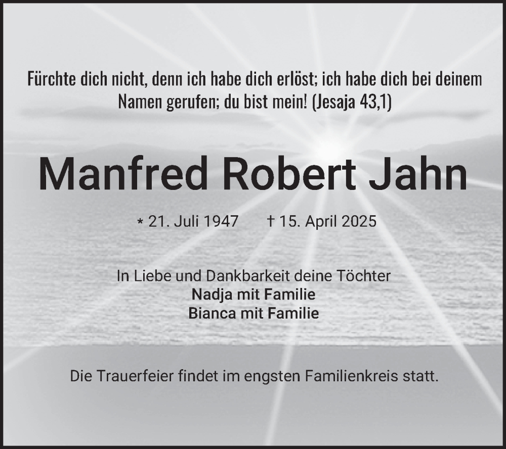  Traueranzeige für Manfred Robert Jahn vom 19.04.2025 aus Fränkische Nachrichten