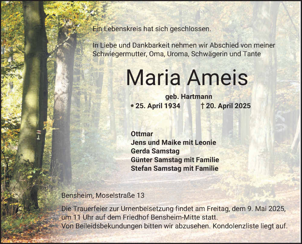  Traueranzeige für Maria Ameis vom 03.05.2025 aus Bergsträßer Anzeiger