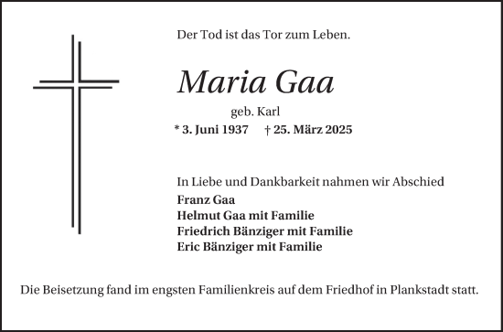 Traueranzeige von Maria Gaa von Schwetzinger Zeitung