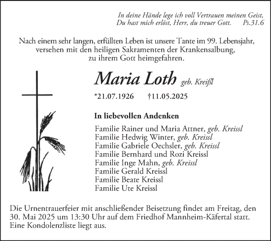 Traueranzeige von Maria Loth von Mannheimer Morgen