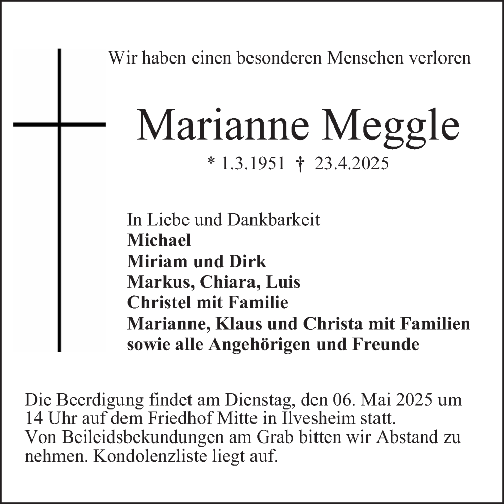  Traueranzeige für Marianne Meggle vom 03.05.2025 aus Mannheimer Morgen