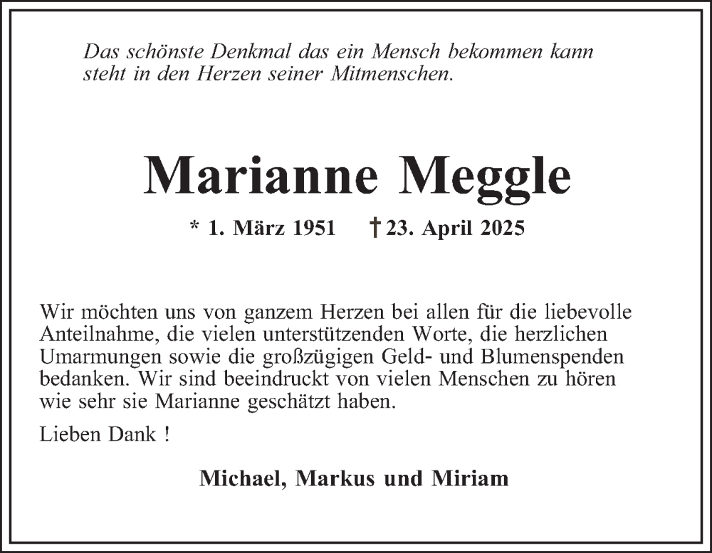  Traueranzeige für Marianne Meggle vom 31.05.2025 aus Mannheimer Morgen