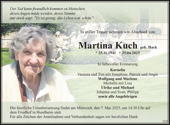 Traueranzeige von Martina Kuch von Fränkische Nachrichten