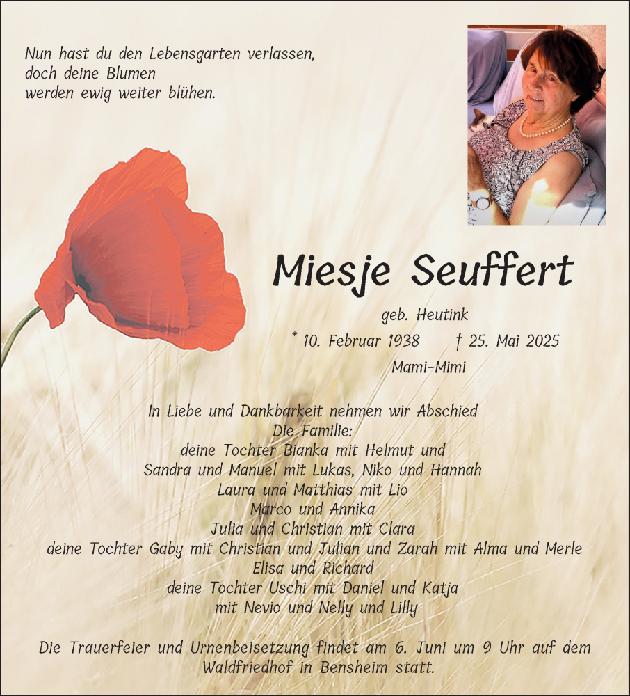  Traueranzeige für Miesje Seuffert vom 31.05.2025 aus Bergsträßer Anzeiger