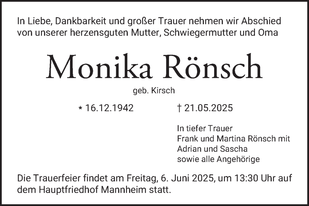  Traueranzeige für Monika Rönsch vom 31.05.2025 aus Mannheimer Morgen