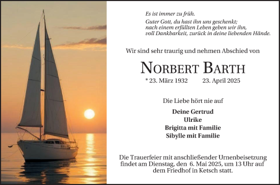 Traueranzeige von Norbert Barth von Schwetzinger Zeitung