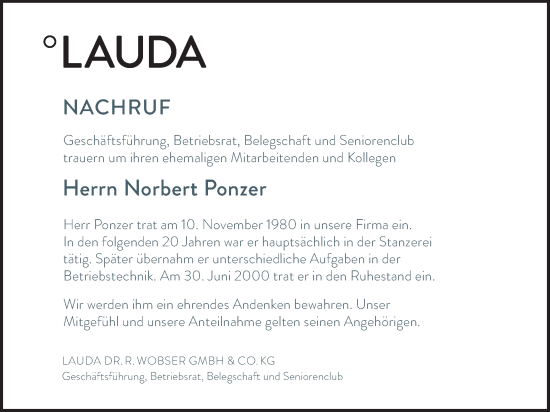 Traueranzeige von Norbert Ponzer von Fränkische Nachrichten