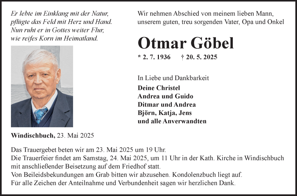  Traueranzeige für Otmar Göbel vom 23.05.2025 aus Fränkische Nachrichten