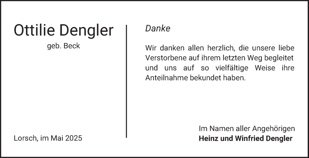  Traueranzeige für Ottilie Dengler vom 10.05.2025 aus Bergsträßer Anzeiger