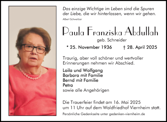 Traueranzeige von Paula Franziska Abdullah von Mannheimer Morgen