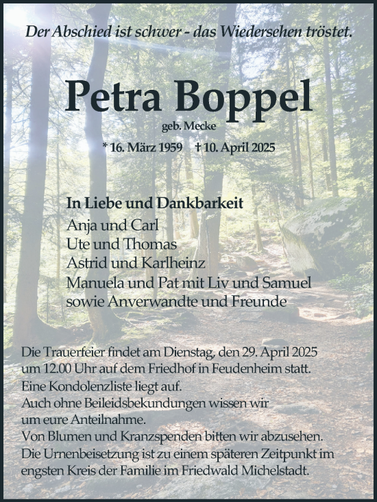 Traueranzeige von Petra Boppel von Mannheimer Morgen
