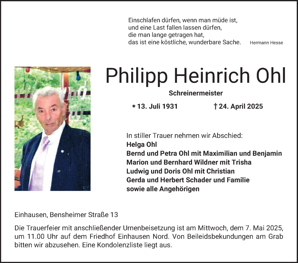  Traueranzeige für Philipp Heinrich Ohl vom 03.05.2025 aus Bergsträßer Anzeiger