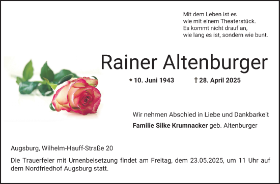 Traueranzeige von Rainer Altenburger von Bergsträßer Anzeiger