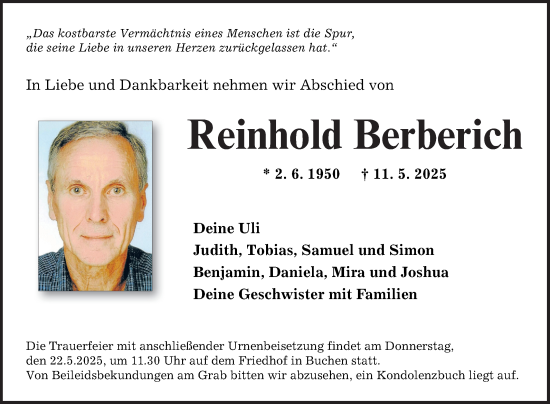 Traueranzeige von Reinhold Berberich von Fränkische Nachrichten