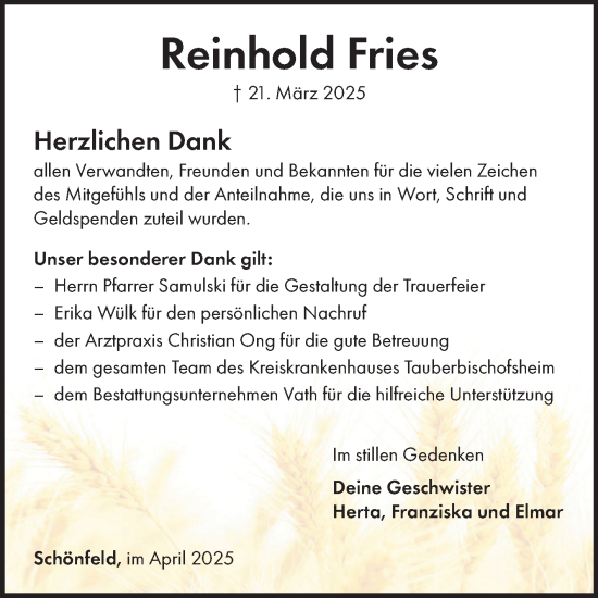 Traueranzeige von Reinhold Fries von Fränkische Nachrichten