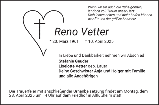 Traueranzeige von Reno Vetter von Schwetzinger Zeitung