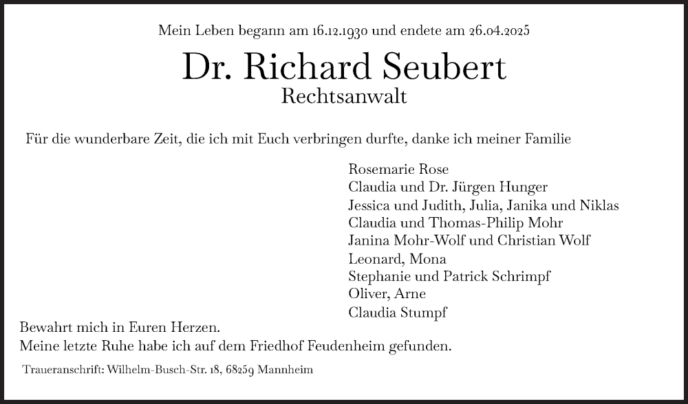  Traueranzeige für Richard Seubert vom 31.05.2025 aus Mannheimer Morgen