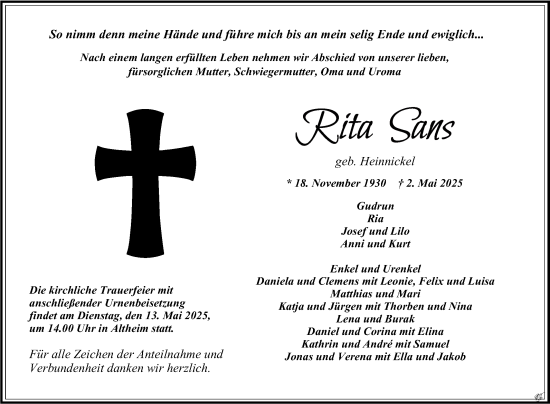 Traueranzeige von Rita Sans von Fränkische Nachrichten