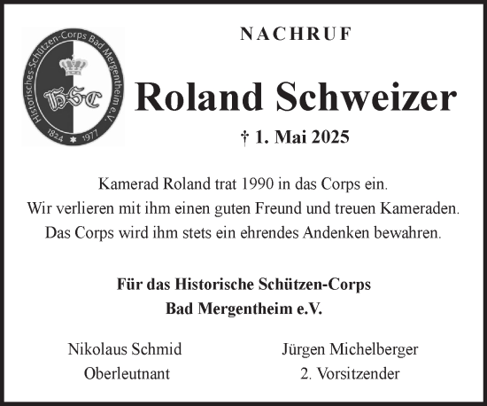 Traueranzeige von Roland Schweizer von Fränkische Nachrichten