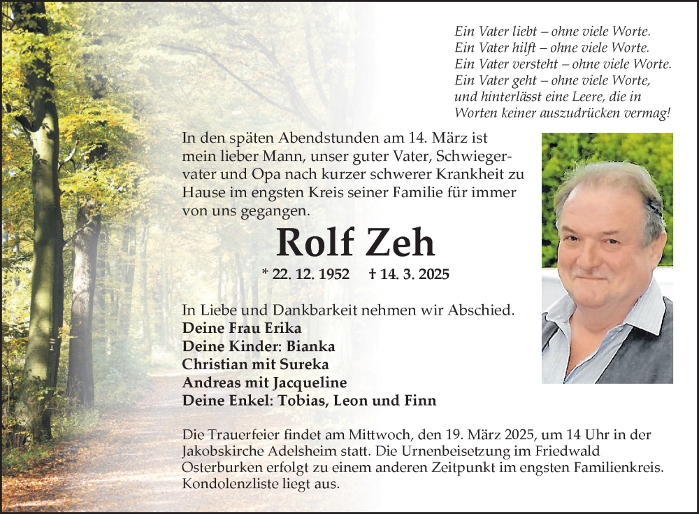  Traueranzeige für Rolf Zeh vom 18.03.2025 aus Fränkische Nachrichten