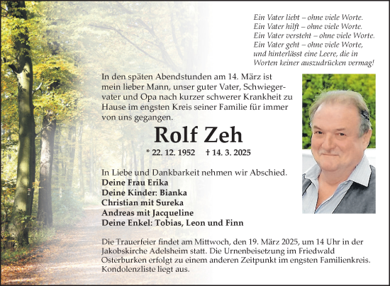 Traueranzeige von Rolf Zeh von Fränkische Nachrichten
