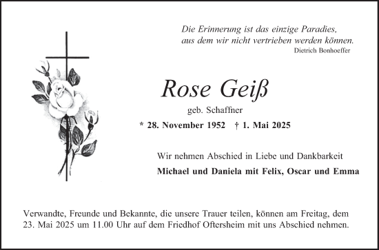 Traueranzeige von Rose Geiß von Schwetzinger Zeitung