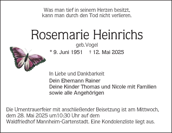 Traueranzeige von Rosemarie Heinrichs von Mannheimer Morgen