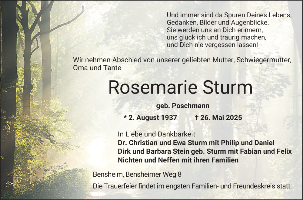  Traueranzeige für Rosemarie Sturm vom 31.05.2025 aus Bergsträßer Anzeiger