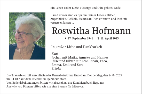 Traueranzeige von Roswitha Hofmann von Fränkische Nachrichten