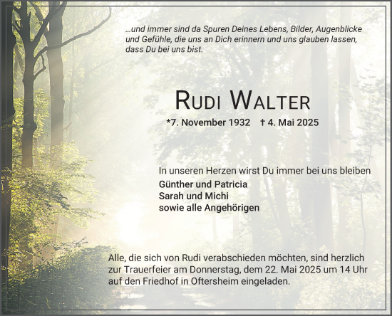 Traueranzeige von Rudi Walter von Schwetzinger Zeitung