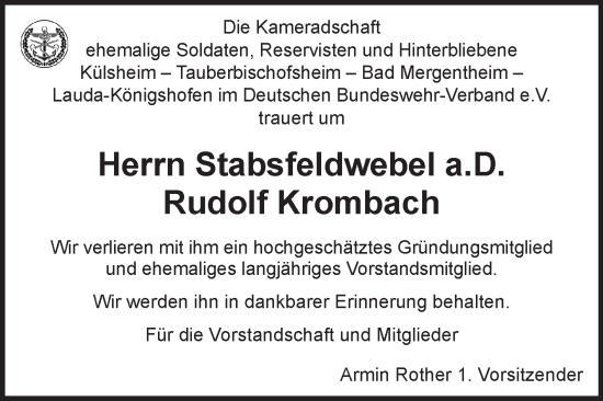 Traueranzeige von Rudolf Krombach von Fränkische Nachrichten
