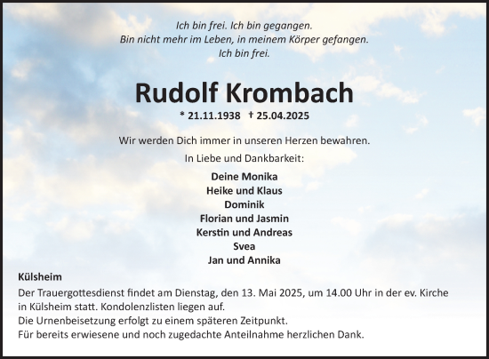 Traueranzeige von Rudolf Krombach von Fränkische Nachrichten