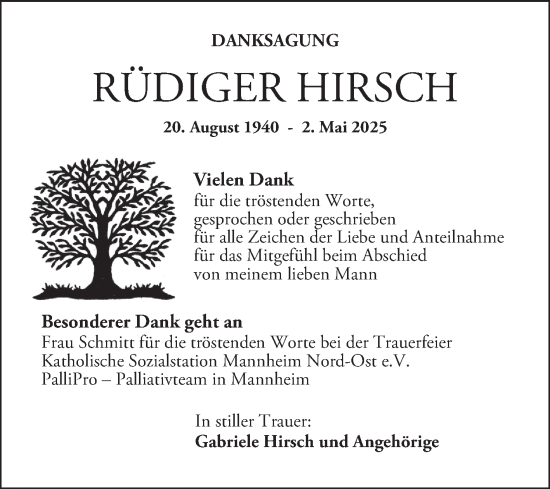 Traueranzeige von Rüdiger Hirsch von Mannheimer Morgen