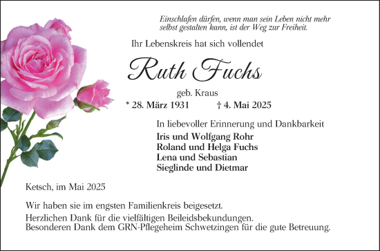 Traueranzeige von Ruth Fuchs von Schwetzinger Zeitung