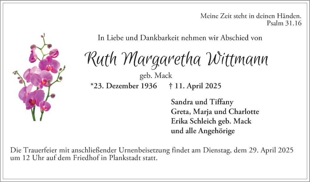  Traueranzeige für Ruth Margaretha Wittmann vom 19.04.2025 aus Schwetzinger Zeitung
