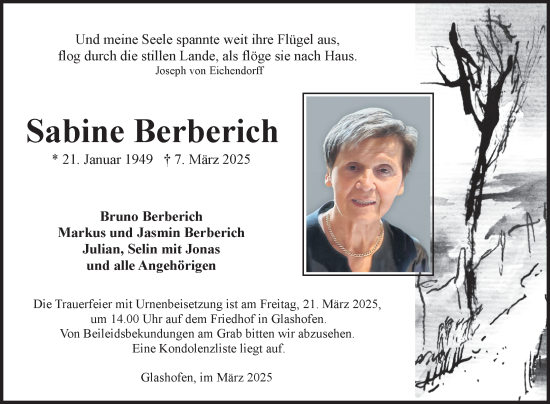 Traueranzeige von Sabine Berberich von Fränkische Nachrichten