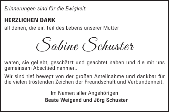 Traueranzeige von Sabine Schuster von Mannheimer Morgen