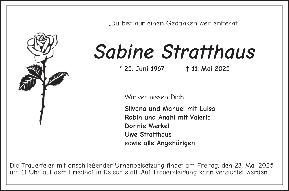  Traueranzeige für Sabine Stratthaus vom 17.05.2025 aus Schwetzinger Zeitung