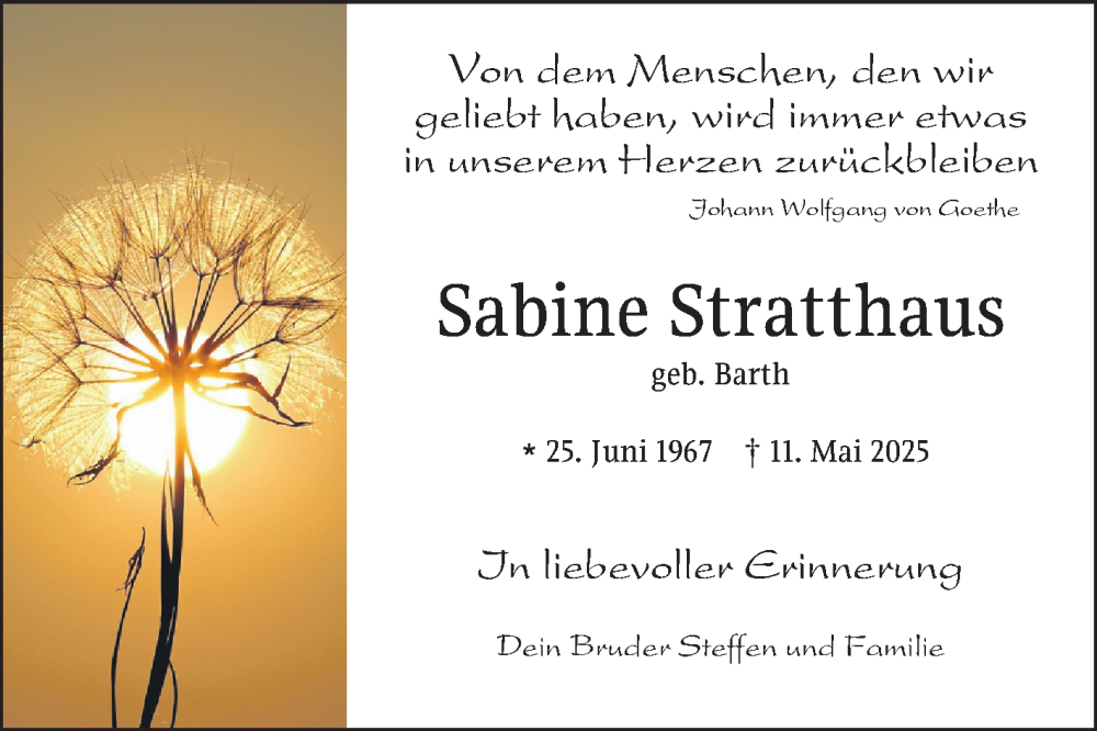  Traueranzeige für Sabine Stratthaus vom 21.05.2025 aus Mannheimer Morgen