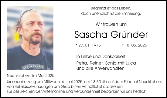 Traueranzeige von Sascha Gründer von Fränkische Nachrichten