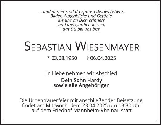 Traueranzeige von Sebastian Wiesenmayer von Mannheimer Morgen