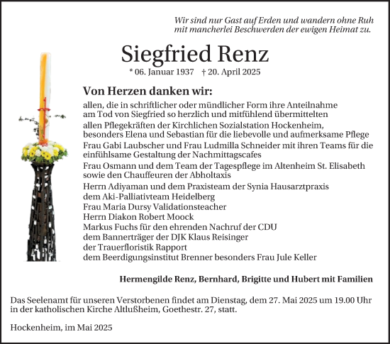 Traueranzeige von Siegfried Renz von Schwetzinger Zeitung