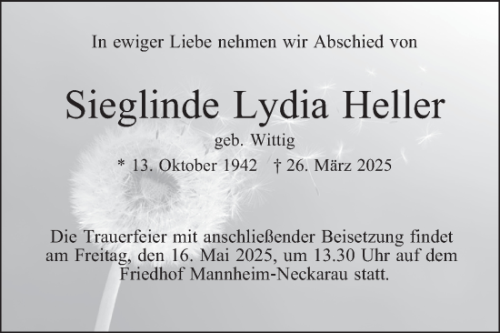 Traueranzeige von Sieglinde Lydia Heller von Mannheimer Morgen