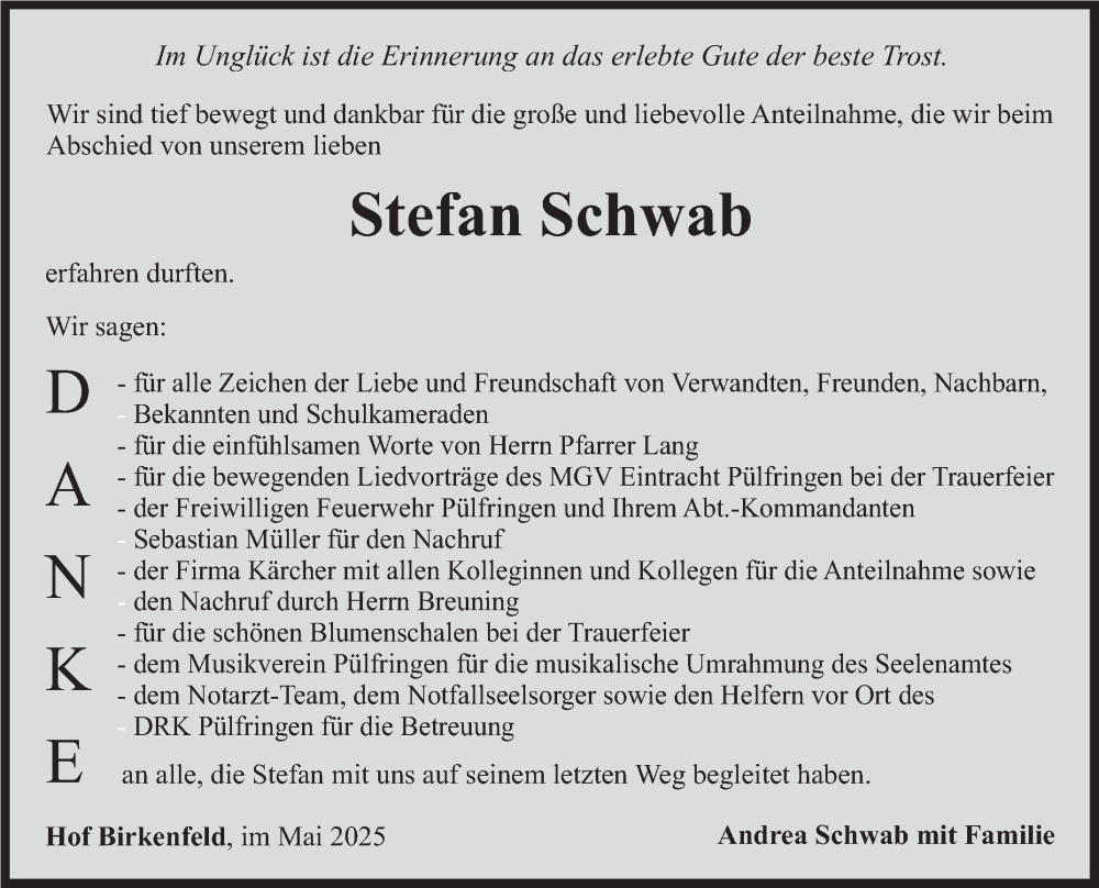  Traueranzeige für Stefan Schwab vom 17.05.2025 aus Fränkische Nachrichten