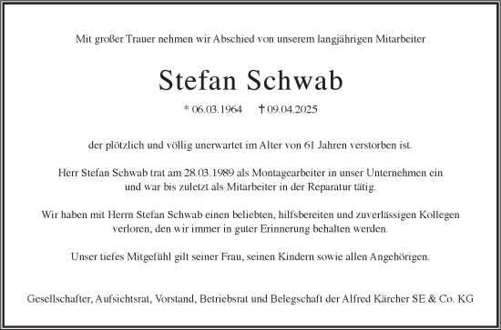 Traueranzeige von Stefan Schwab von Fränkische Nachrichten