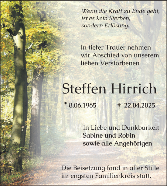 Traueranzeige von Steffen Hirrich von Bergsträßer Anzeiger