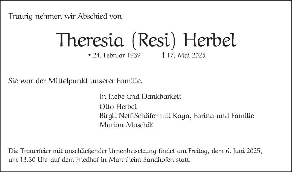  Traueranzeige für Theresia Herbel vom 31.05.2025 aus Mannheimer Morgen