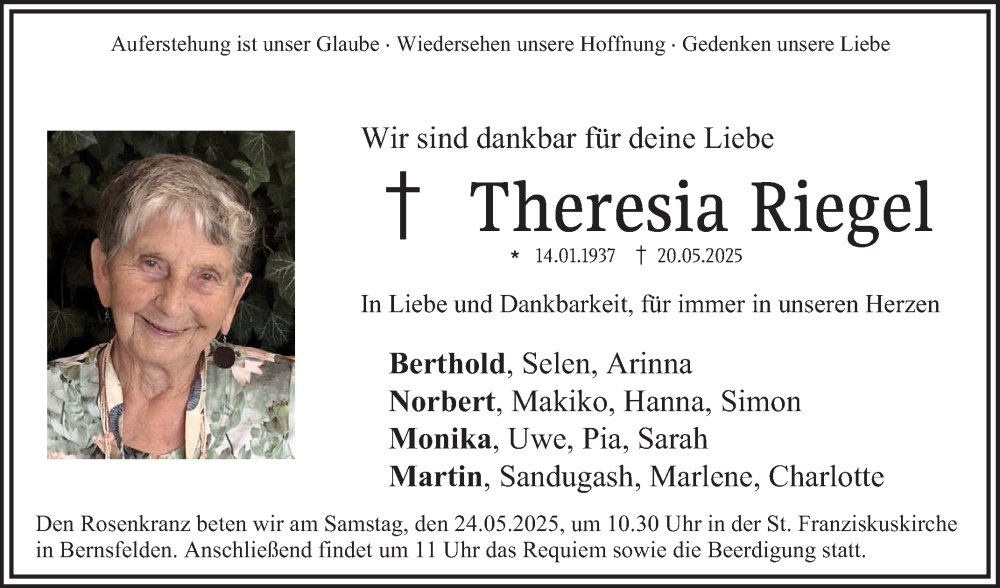  Traueranzeige für Theresia Riegel vom 23.05.2025 aus Fränkische Nachrichten