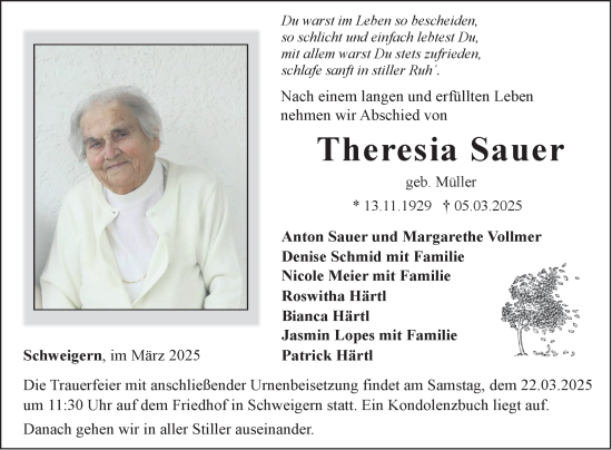 Traueranzeige von Theresia Sauer von Fränkische Nachrichten